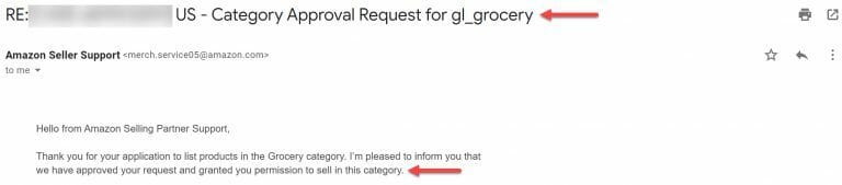 An email with a red arrow indicating Amazon Category Approval.
