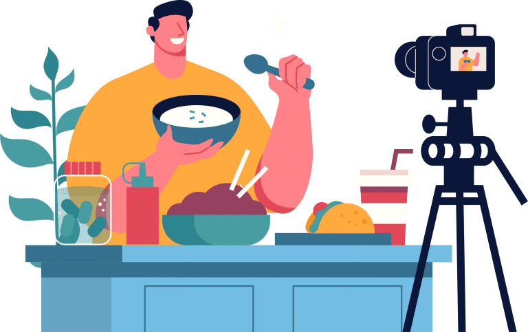 A man with a camera showcasing his food in an Amazon Video Upload.