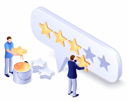 Isometric illustration of a star rating and a man pouring a bucket for Review Request Emails.